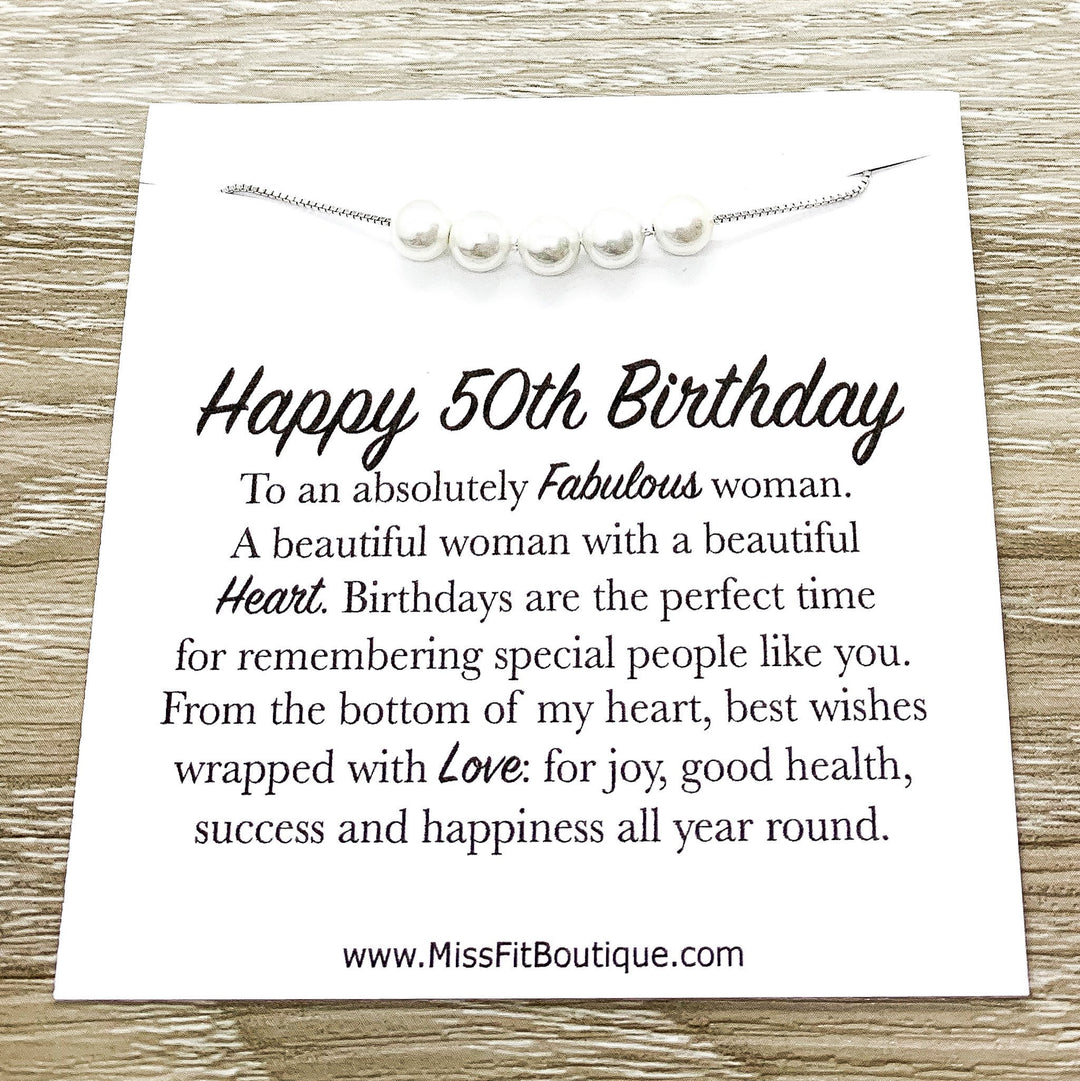 Happy 50th Birthday Gift, Sterling Silver Pearl Necklace, Personalized Card, 50th Birthday Gift for Women, Fifty and Fabulous Jewelry Gift