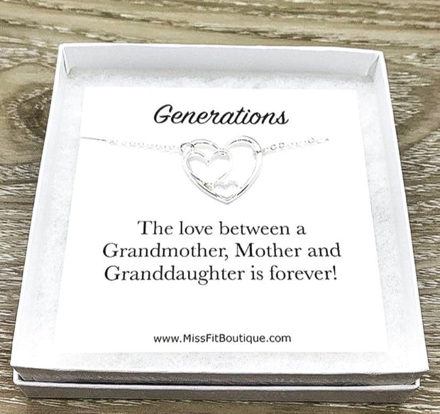 3 Hearts Necklace with Card, Three Generations Necklace, Gift from Grandson, Grandma Necklace, Birthday Gift, Gift from Daughter