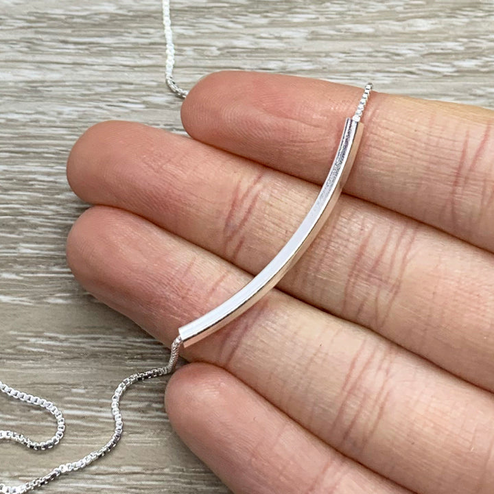 Keep Smiling Card, Curved Tube Necklace, Balance Bar Necklace Sterling Silver, Minimalist Jewelry, Cheer Up Gift, Dainty Necklace