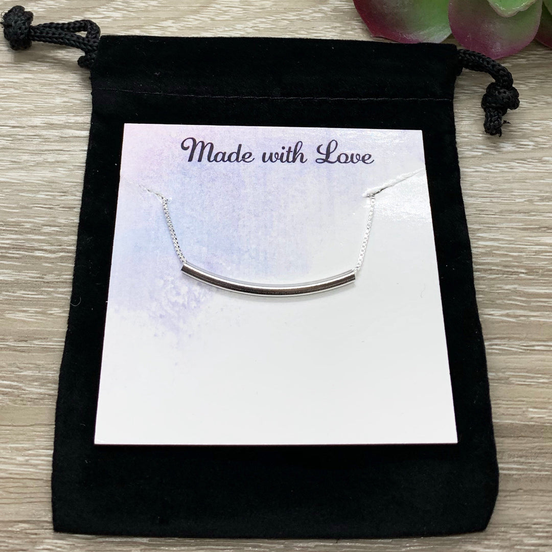 Keep Smiling Card, Curved Tube Necklace, Balance Bar Necklace Sterling Silver, Minimalist Jewelry, Cheer Up Gift, Dainty Necklace
