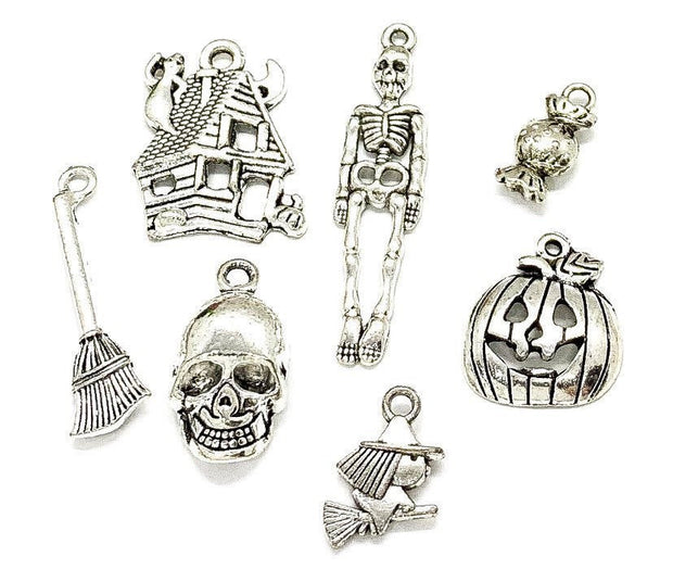 Halloween Charms Bundle, Charm Lot, Bulk, Skeleton Charm, Skull Charm, Witch Charm, Haunted House Charm, Jewelry Findings, DIY