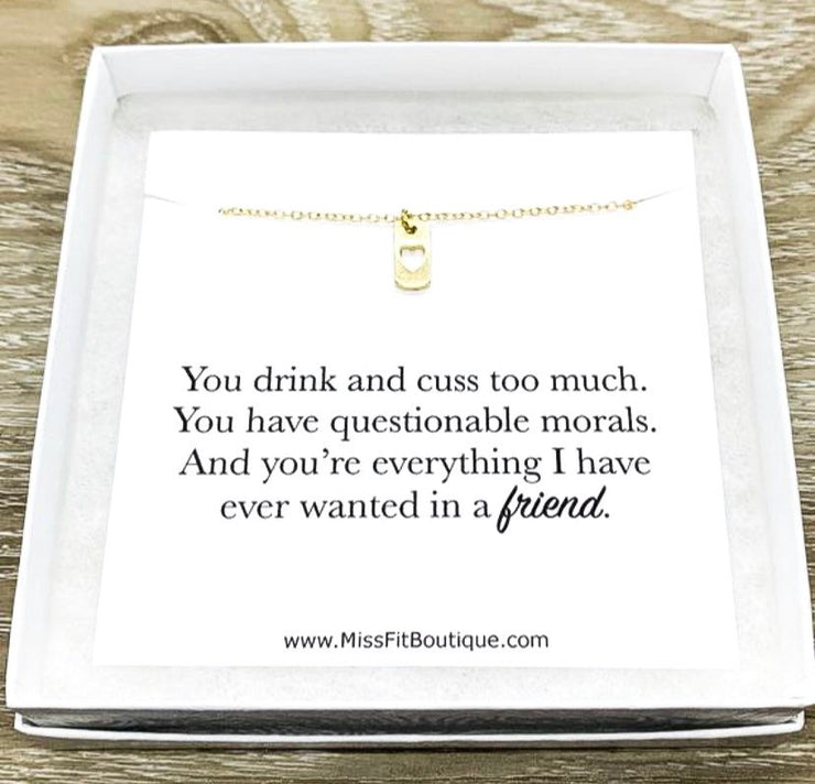 Best Friend Gift, Tiny Heart Tag Necklace, Humorous Friendship Quote, Necklace with Gift Box, Personalized Gift for Bestie, Best Bitches