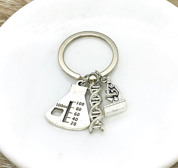 Chemistry Keychain, Chemist Gift, Student Gift, Microscope Charm, Science Teacher Gift, Beaker Charm, Science Keychain