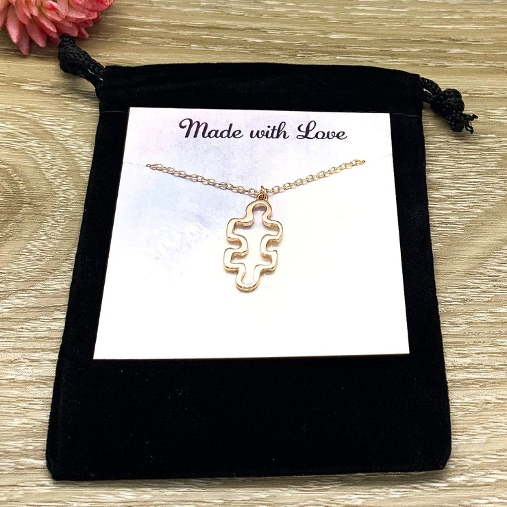 Puzzle Necklace, Outline Puzzle Piece Pendant, Puzzle Jewelry Rose Gold, Autism Awareness Gift, Gift for Mom with Child on Spectrum