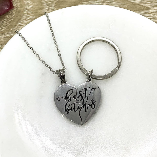 Best Bitches, Split Hearts Necklace & Keychain, Matching Friendship Set for 2, Half Heart Pendants, Best Friends Gift, Tweens BFF Gift