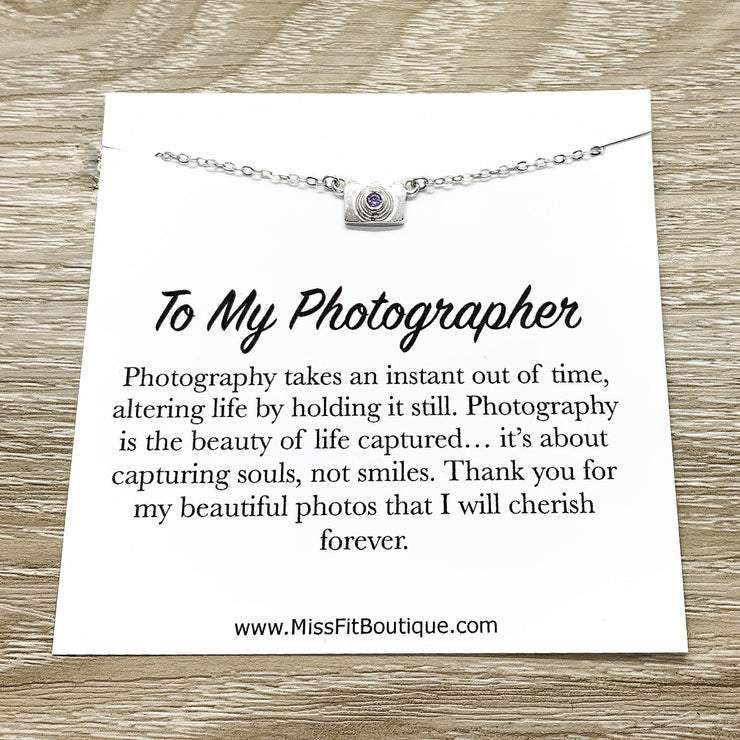 Tiny Camera Necklace with Card, Photographer Necklace, Sterling Silver Jewelry, Photographer Thank You Gift, Photo Pendant, Christmas