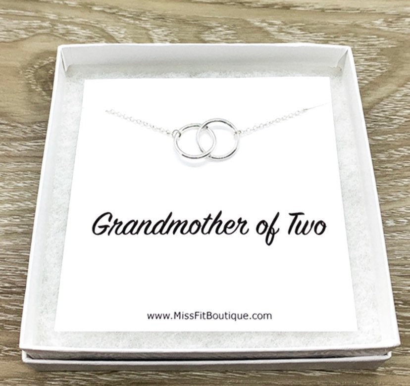 Grandmother of Two Necklace with Gift Box, Linked Circles Necklace, 2 Circle Pendants, Gift for Grandma from Grandkids, Gift for Nana