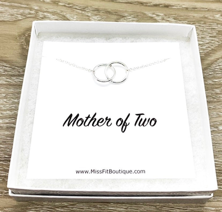 Mother of Two Necklace with Card, Linked Circles Necklace, 2 Circle Pendants, Gift for Mom from Kids, Gift for Mama, Mother Christmas