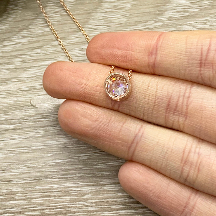 Unbiological Sister Jewelry, Friendship Gift, Tiny Round Crystal Necklace, Rose Gold Solitaire Pendant, Bonus Sister Gift, Gift for Friend