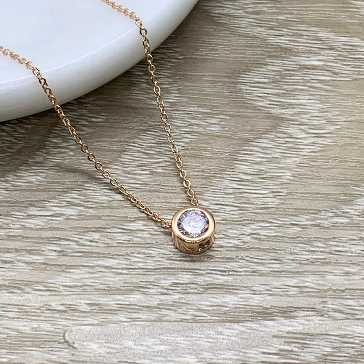 Unbiological Sister Jewelry, Friendship Gift, Tiny Round Crystal Necklace, Rose Gold Solitaire Pendant, Bonus Sister Gift, Gift for Friend