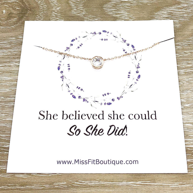 She Believed She Could Jewelry Gift, Round Crystal Necklace, Rose Gold Solitaire Pendant, Strength Jewelry, Gift for Friend, Affirmation