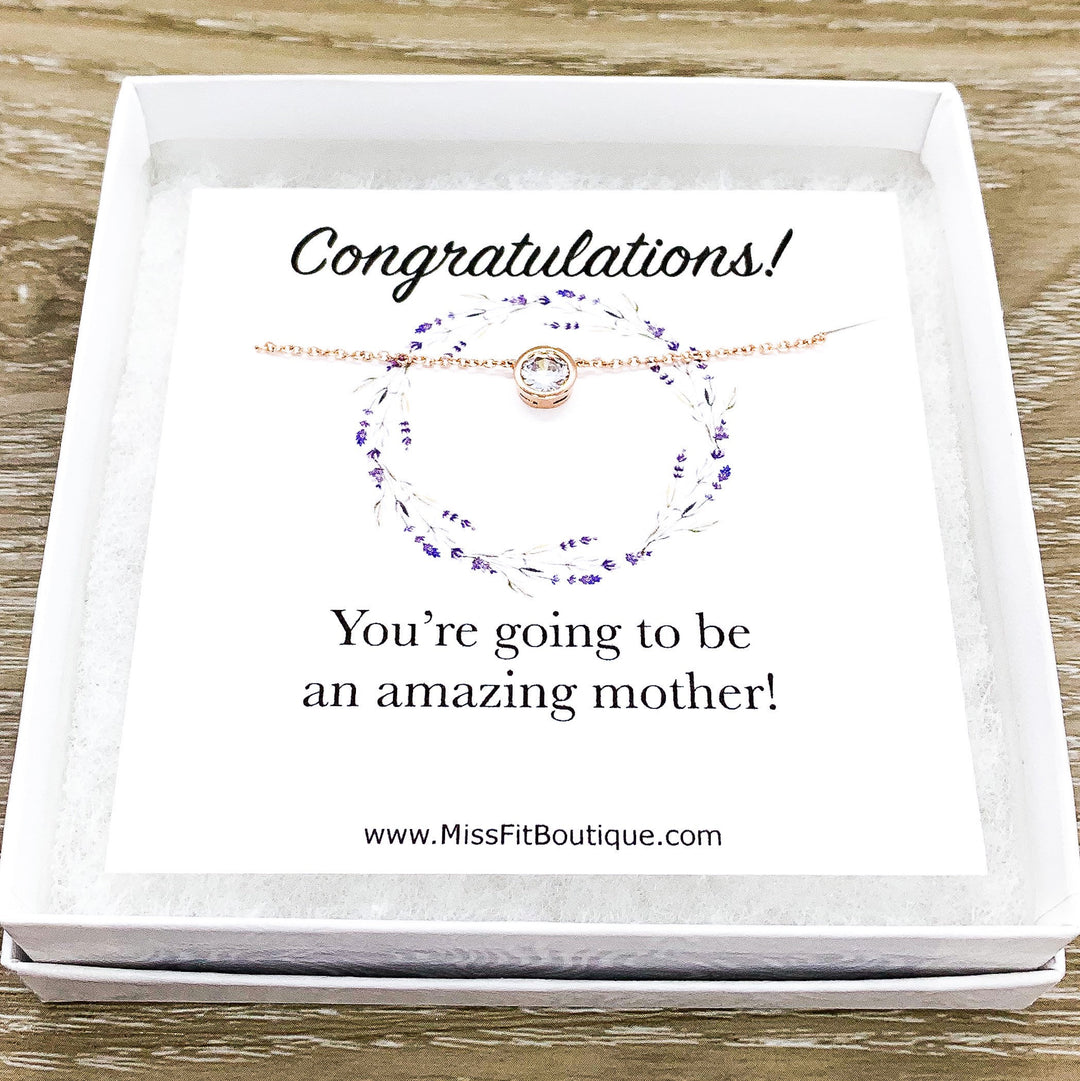 New Baby Gift, Congratulations Card, Tiny Round Crystal Necklace, Rose Gold Solitaire Pendant, New Mama Gift, Amazing Mother, Pregnancy