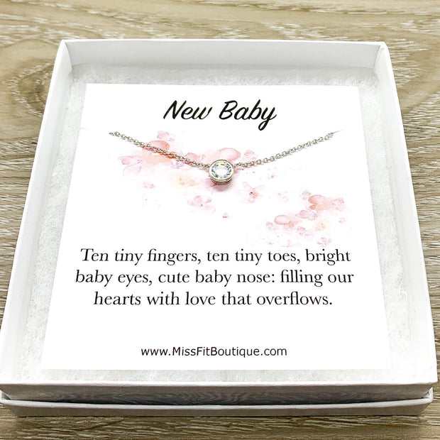 New Baby Gift, Congratulations Card, Tiny Round Crystal Necklace, Silver Solitaire Rhinestone Pendant, New Mama Gift, Pregnancy Gift