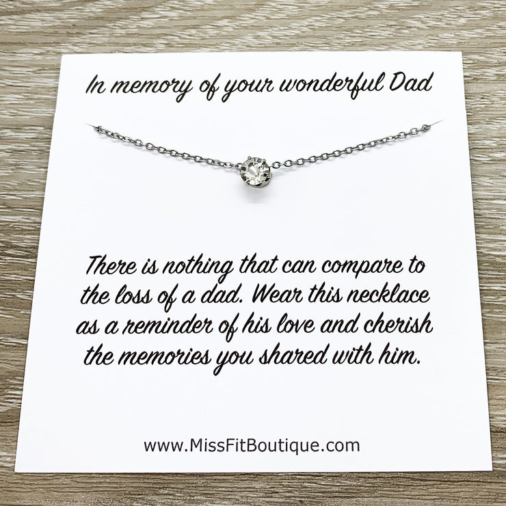 In Memory of Your Mom, Loss of Dad, Tiny Round Crystal Necklace, Silver Solitaire Rhinestone Pendant, Condolences Gift, Grieving Daughter