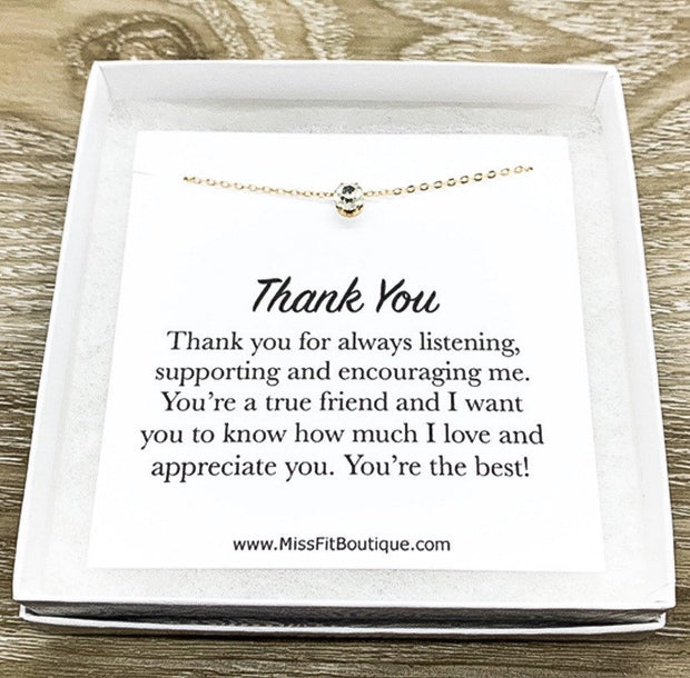 Thank You Gift from Friend, Appreciation Gift, Tiny Crystal Necklace, Solitaire Rhinestone Pendant, Gratitude Gift, True Friend Christmas