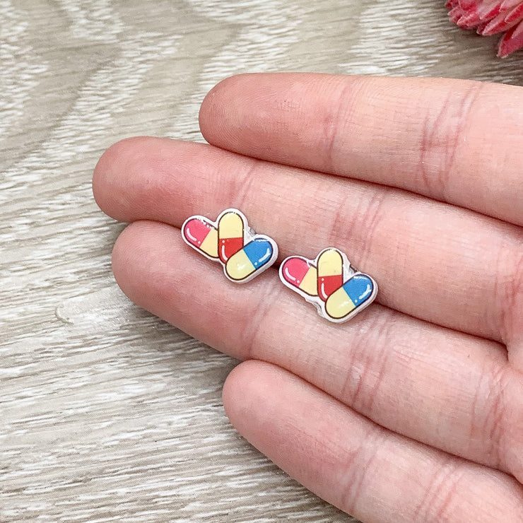 Kawaii Pill Earrings, Shrink Plastic Stud Earrings, Pharmacist Jewelry, Cute RX Prescription Earrings, Unique Jewelry, Health Care Worker
