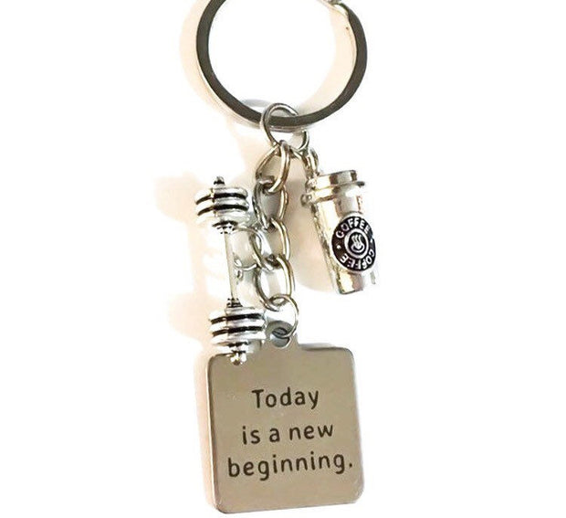 Today is a New Beginning, Fitness Coffee Keychain, Fitness Training Gifts, Dumbbell Charm, Fitness Charms, Bodybuilding, Gym Key Ring