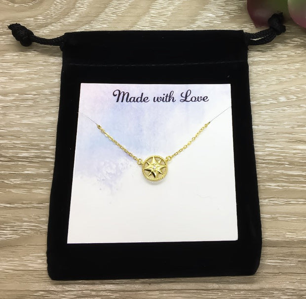 True North, Tiny Compass Necklace with Personalized Card, Gold Compass Pendant, Friendship Necklace, Friend Birthday Gift, Gift for Bestie