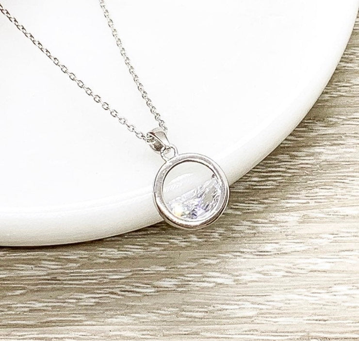 Proverbs 31:25 Card, Round Crystal Necklace, Sterling Silver Solitaire Pendant, Strength Jewelry, Gift for Friend, Cheer Up Gift