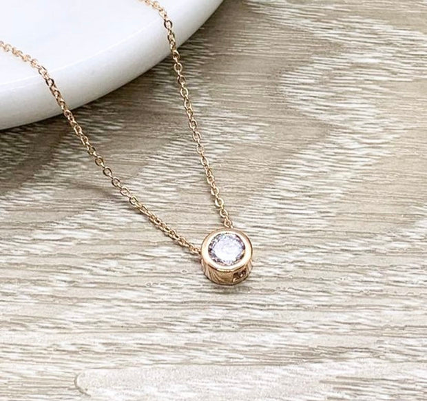 Rose Gold Solitaire Pendant, Tiny Round Crystal Necklace, Dainty Jewelry, Minimalist Necklace, Gift for Friend, Daughter Jewelry, Birthday