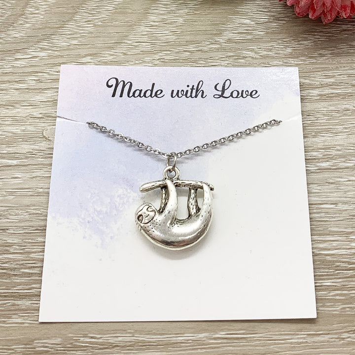 Keep Smiling, Hanging Sloth Necklace, Dainty Silver Sloth Pendant, Animal Lover Jewelry, Cute Necklace, Uplifting Quote, Custom Message Card