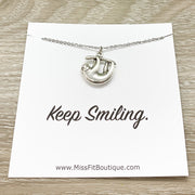 Keep Smiling, Hanging Sloth Necklace, Dainty Silver Sloth Pendant, Animal Lover Jewelry, Cute Necklace, Uplifting Quote, Custom Message Card