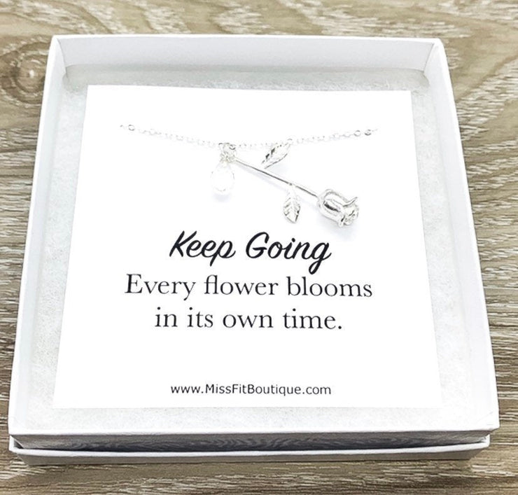 Rose Necklace, Sterling Silver Flower Jewelry, Keep Going Card, Floral Jewelry, Uplifting Gift, Gift from Friend, Meaningful Gift for Her