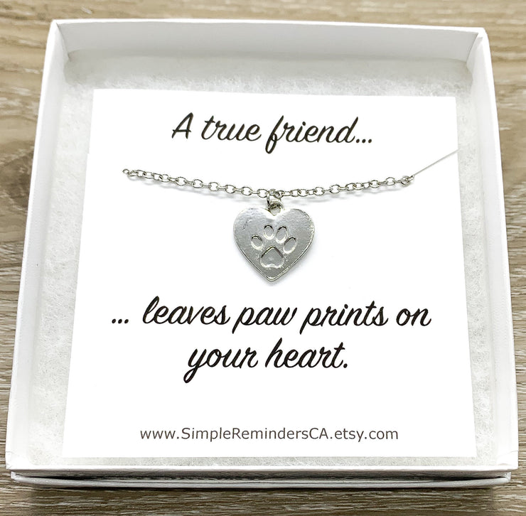 Heart Paw Print Necklace, Dainty Paw Pendant, Minimal Pet Jewelry, Cat Lover Gift, Dog Owner Gift, Paw Prints on your Heart Quote, Pet Loss