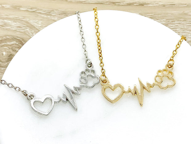 PawPrint Heartbeat Necklace, Cat EKG Pendant, Dog Heartbeat Necklace, Gift for Fur Mama, Cat Lover Gift, Dog Lover Jewelry, Stocking Stuffer