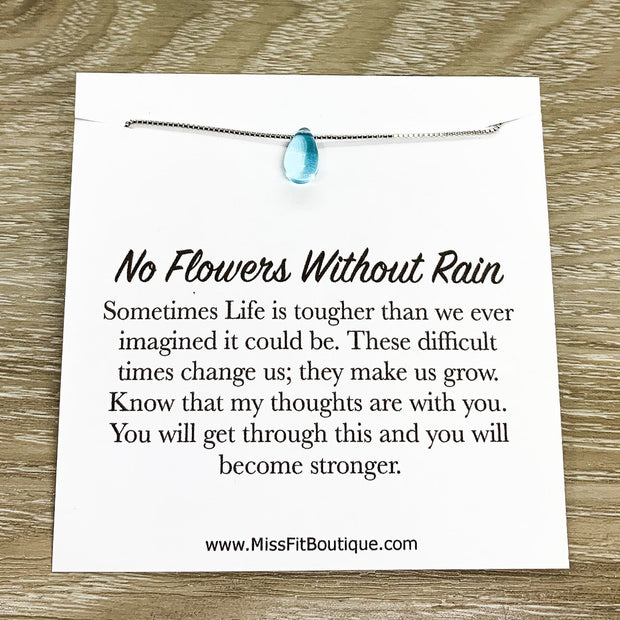 No Flowers Without Rain Card, Tiny Blue Tear Drop Necklace, Strength Gift, Water Drop Jewelry, Gift for Daughter, Uplifting Gift for Her
