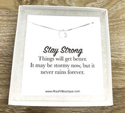 Strength Necklace, Clear Sterling Silver Teardrop Necklace, Stay Strong, Inspirational Card, Uplifting Jewelry, Thinking of You Gift