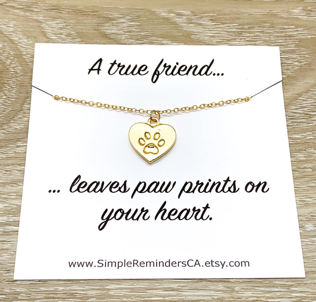 Paw Print Necklace Silver, Dainty Paw Pendant, Minimal Pet Jewelry, Cat Lover Gift, Dog Owner, Paw Prints on your Heart Quote, Pet Loss