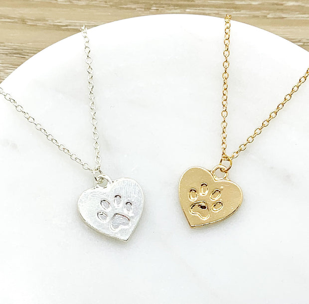 Paw Print Necklace Silver, Dainty Paw Pendant, Minimal Pet Jewelry, Cat Lover Gift, Dog Owner, Paw Prints on your Heart Quote, Pet Loss