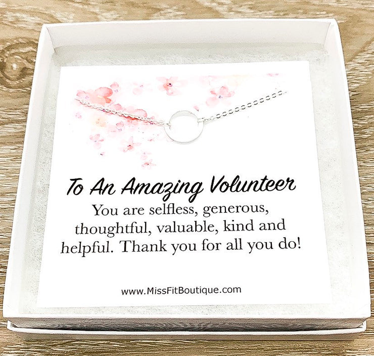 Amazing Volunteer Gift, Infinity Circle Necklace, Circular Pendant, Eternity Necklace, Personalized Card, Thank You Gift, Appreciation Gift