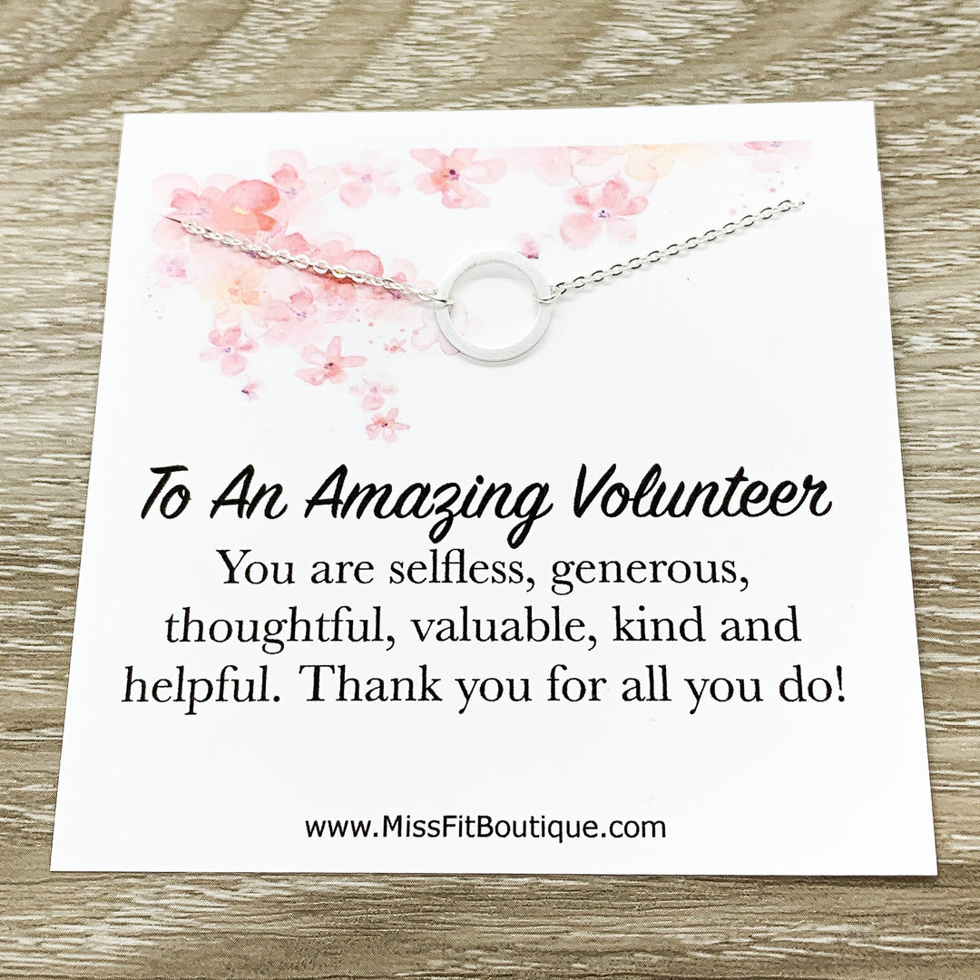 Amazing Volunteer Gift, Infinity Circle Necklace, Circular Pendant, Eternity Necklace, Personalized Card, Thank You Gift, Appreciation Gift