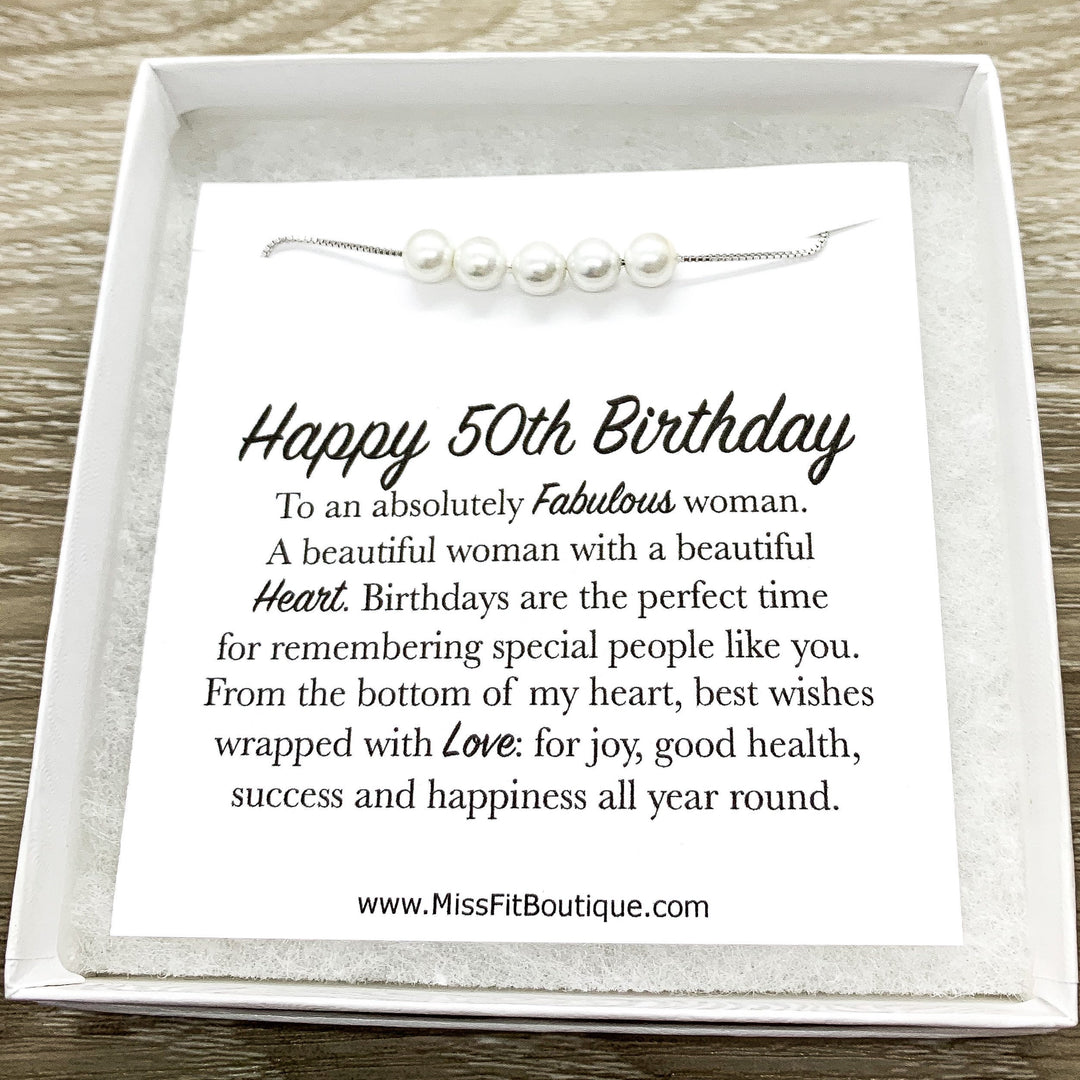 Happy 50th Birthday Gift, Sterling Silver Pearl Necklace, Personalized Card, 50th Birthday Gift for Women, Fifty and Fabulous Jewelry Gift