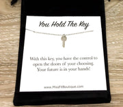 Tiny Key Necklace with Custom Message Card, You Hold The Key Quote, Dainty Necklace, Gift for Daughter, Meaningful Jewelry, Affirmation Gift