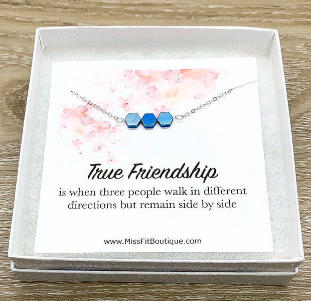True Friendship Quote, Three Friends Gift, 3 Honeycomb Pendants Necklace Sterling Silver, Minimal Jewelry, Sentimental Gift, Dainty Necklace