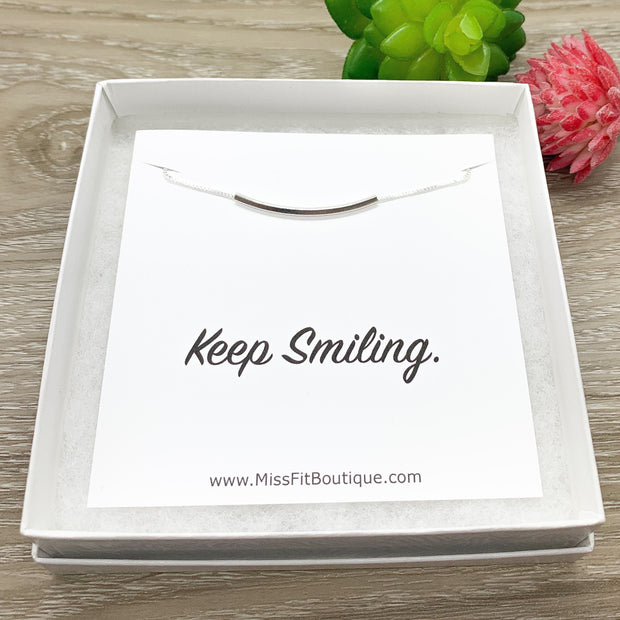 Keep Smiling Card, Curved Tube Necklace, Balance Bar Necklace Sterling Silver, Minimalist Jewelry, Cheer Up Gift, Dainty Necklace