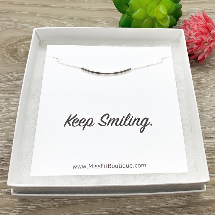 Keep Smiling Card, Curved Tube Necklace, Balance Bar Necklace Sterling Silver, Minimalist Jewelry, Cheer Up Gift, Dainty Necklace