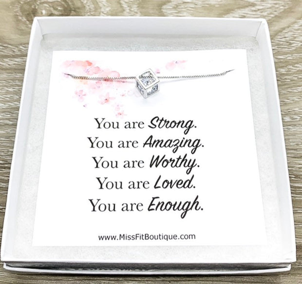 You Are Enough Card, Dainty Cube Crystal Necklace, Uplifting Gift, Sterling Silver Square Necklace, Stocking Filler, You Are Worthy, Holiday