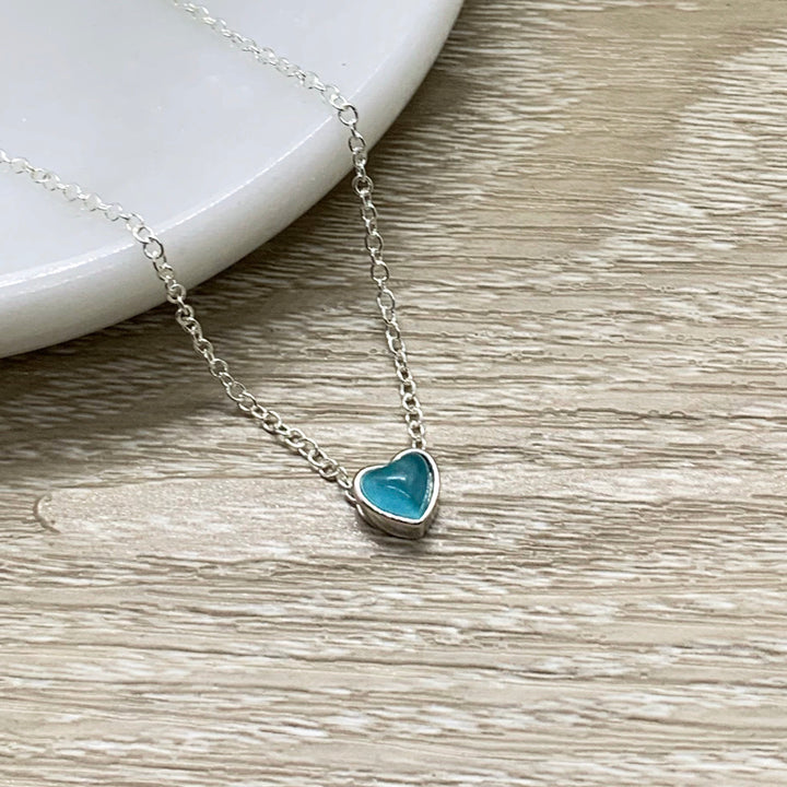 Tiny Blue Heart Necklace, Sterling Silver Heart Pendant, Simple Reminders Jewelry, Gift for Grandma, Mother of 1 Gift, Minimalist Necklace