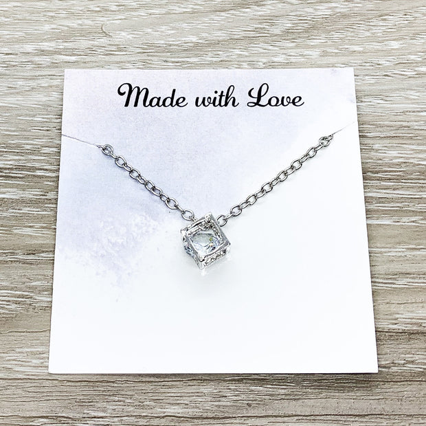 Funny Friendship Card, Dainty Cube Crystal Necklace, Uplifting Gift, Silver Square Necklace, Stocking Filler, Gift for Bitches, Holiday Gift