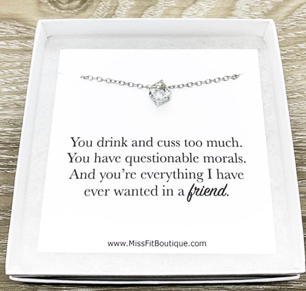 Funny Friendship Card, Dainty Cube Crystal Necklace, Uplifting Gift, Silver Square Necklace, Stocking Filler, Gift for Bitches, Holiday Gift