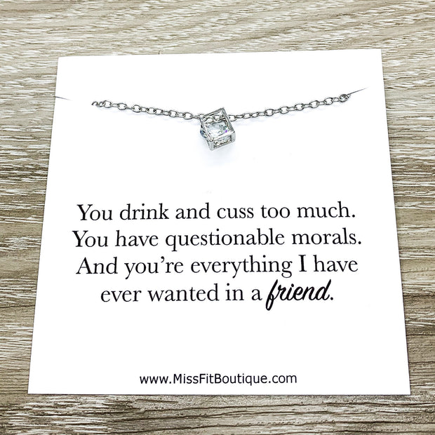 Funny Friendship Card, Dainty Cube Crystal Necklace, Uplifting Gift, Silver Square Necklace, Stocking Filler, Gift for Bitches, Holiday Gift