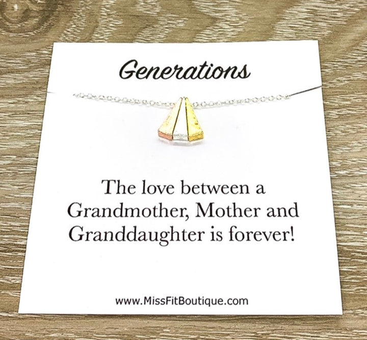 Three Generations Gift, Tri-Tone Triangle Necklace, Granddaughter Mother Grandmother, Grandma Necklace, Gift from Granddaughter