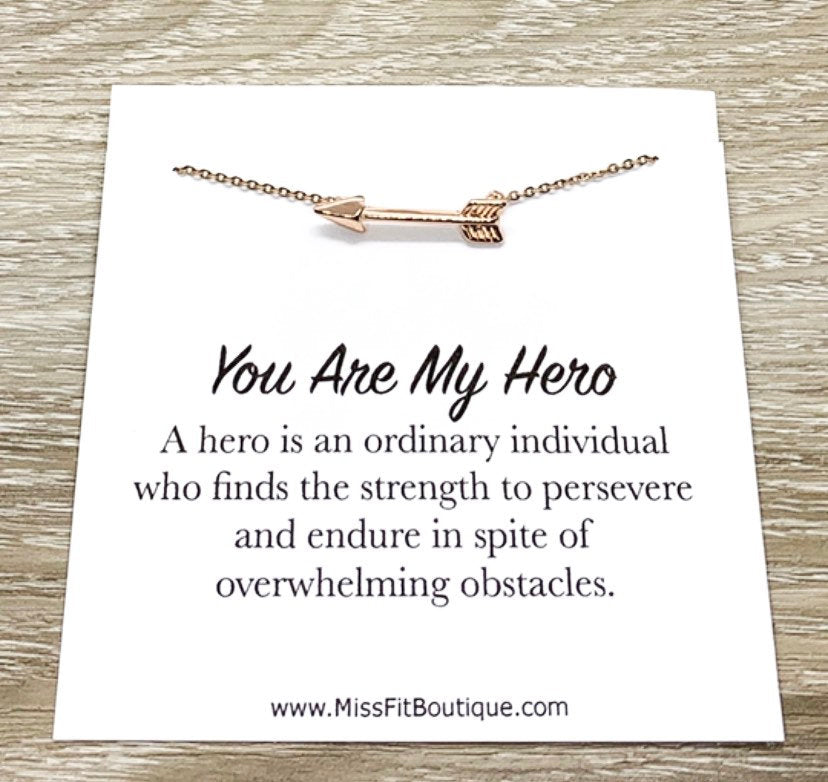 You Are My Hero, Arrow Necklace with Card, Inspirational Quote, Strength Necklace, Tiny Arrow Pendant, Gift for Mother, Motivational Gift