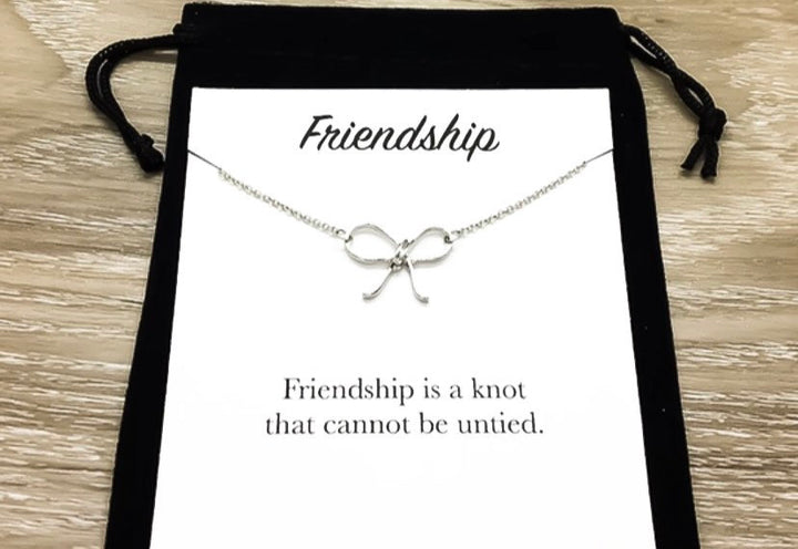 Friendship Knot Card, Bow Necklace Silver, Friendship Necklace, Gift for Bestie, BFF Necklace, Best Friend Christmas Gift, Soul Sister Gift