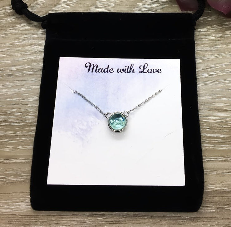 Sister Gift, Aqua Crystal Necklace, Round Necklace Sterling Silver, Minimalist Jewelry, Sentimental Gift, Dainty Necklace with Card