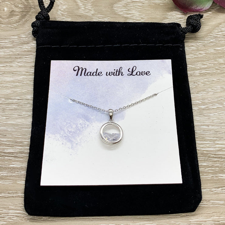 Proverbs 31:25 Card, Round Crystal Necklace, Sterling Silver Solitaire Pendant, Strength Jewelry, Gift for Friend, Cheer Up Gift